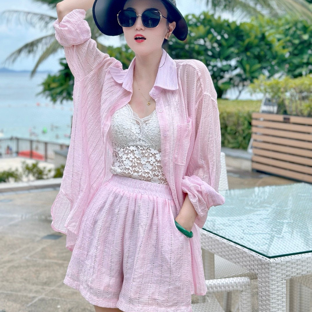 潮牌衬衫套装女夏季新款粉色慵懒风宽松薄款防晒衬衣短裤两件套