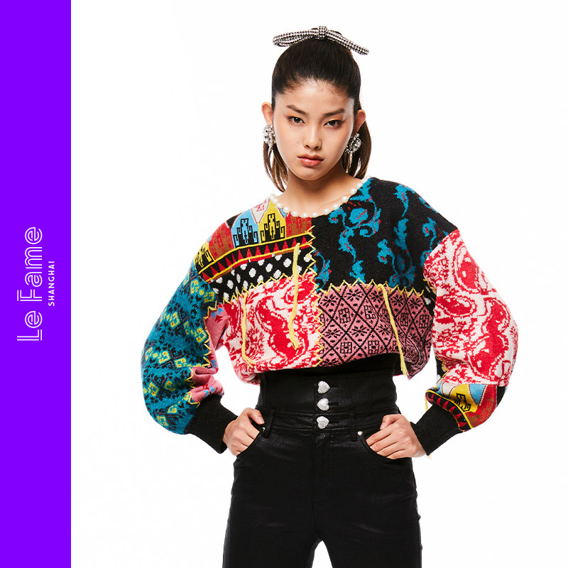 lefame拉飞姆2020年冬季新款时尚圆领拼色长袖针织衫上衣