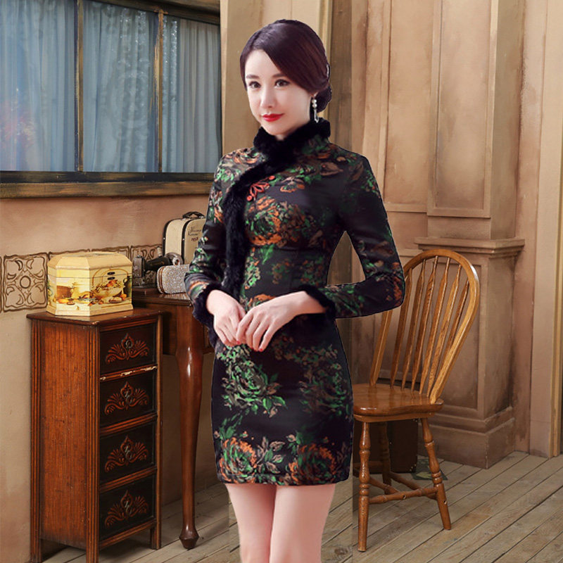 唐装旗袍女士秋冬中式复古改良中国风中年中长款长袖旗袍连衣裙