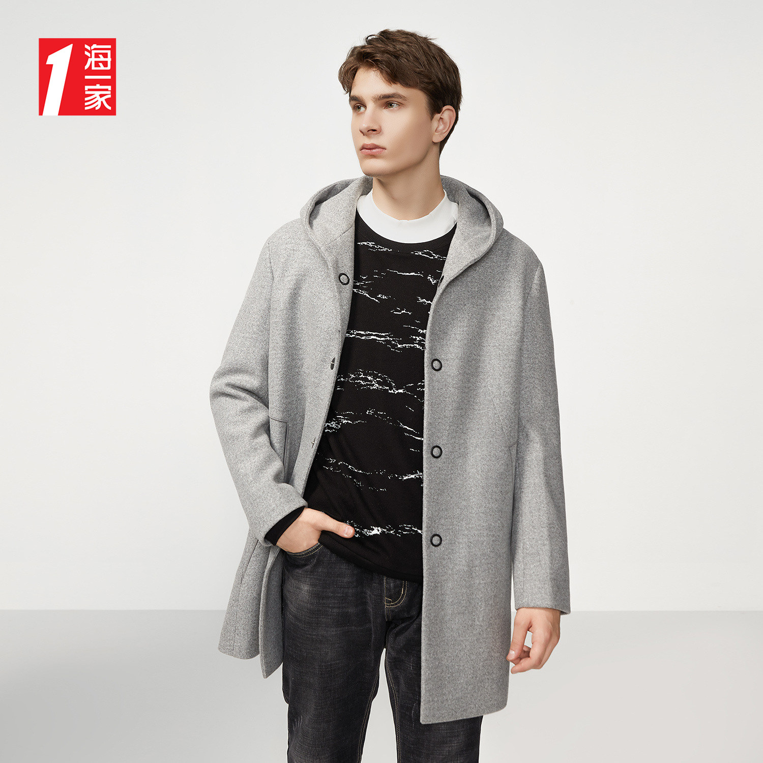 海一家商务休闲中长款外套2021冬季新品时尚连帽青年男士针织大衣