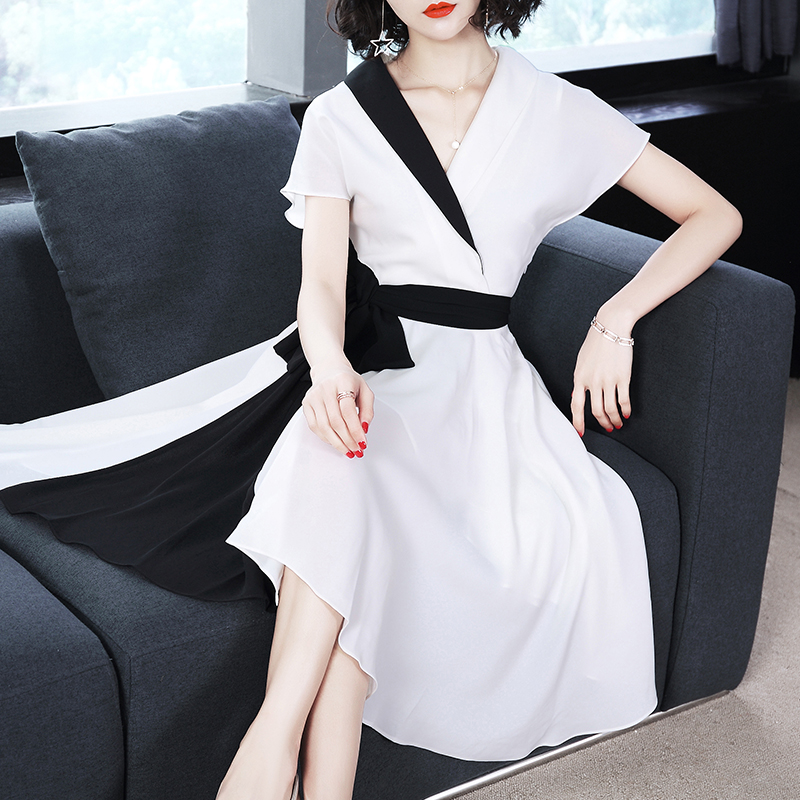 2018夏季新款女装欧美修身收腰显瘦撞色短袖V领系带中长款连衣裙