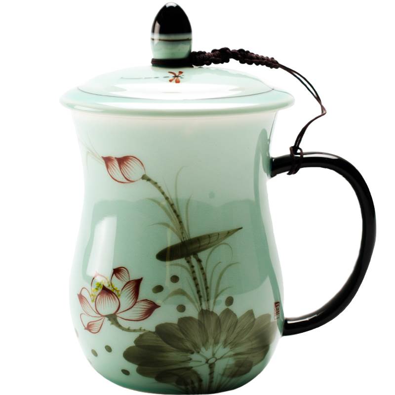 celadon teacup with lid filtration tea separation office cer