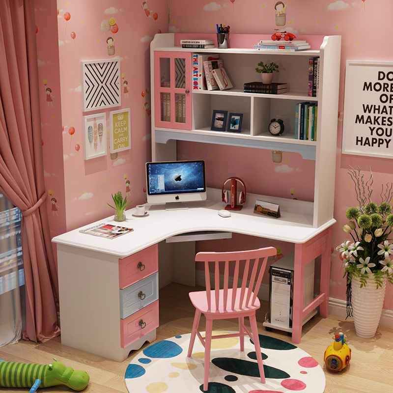 美式实木书台学生书桌组合书架书橱转角儿童书桌直角书桌书台女孩