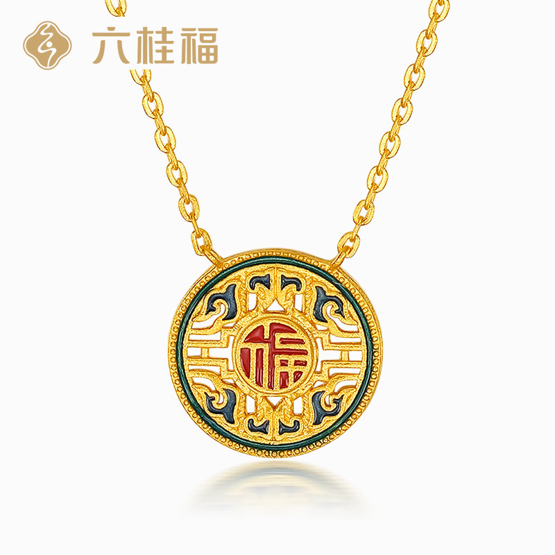 六桂福珠宝福字黄金项链女款古法足金锁骨链吊坠套链正品