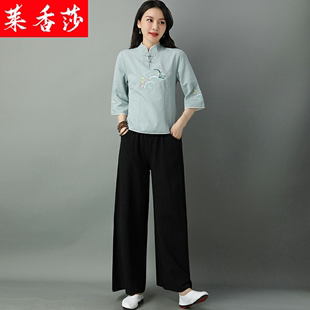 禅修居士服瑜伽服两件套复古汉服女装中国风唐装棉麻禅意茶服套装