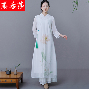 中国风唐装女古风仙气白色茶服禅服改良汉服禅意旗袍连衣裙两件套