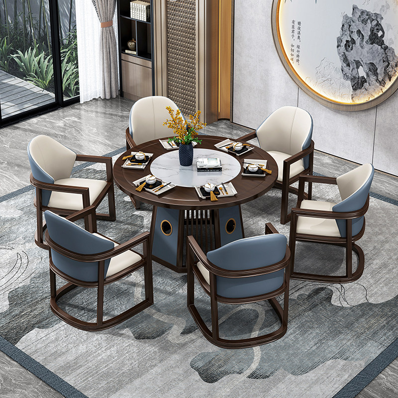 新中式乌金檀木圆餐桌大理石实木餐桌椅组合家用圆形饭桌餐厅家具
