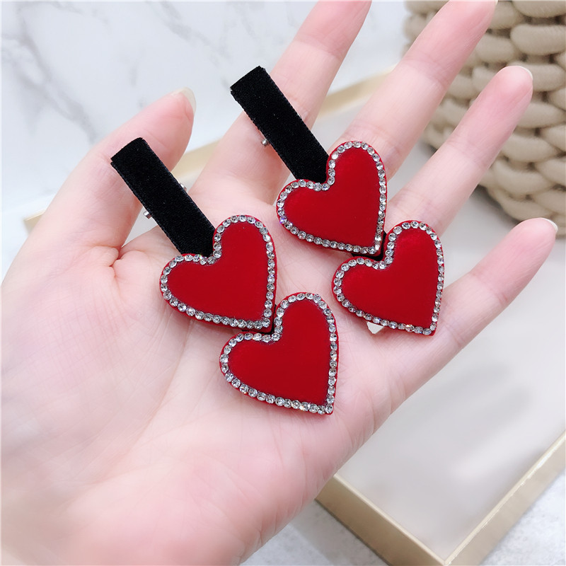 新年红色爱心发夹镶钻边夹日韩新款精致水钻桃心鸭嘴夹女刘海侧夹