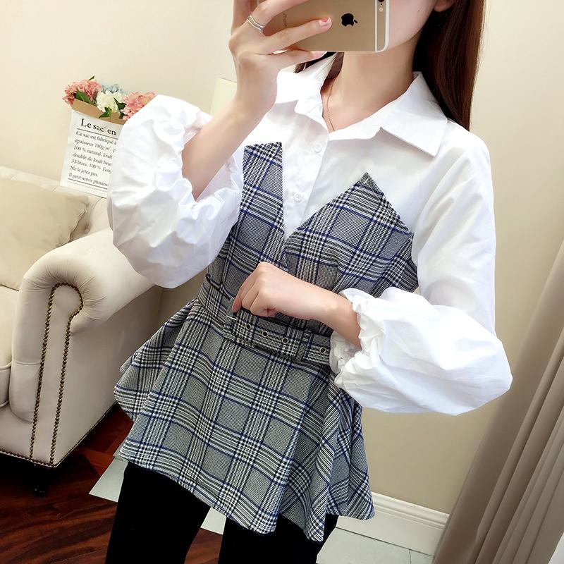 2019秋季新款韩范女装长袖拼接假两件套衬衫显瘦上衣收腰打底衫女|ruв категории Женская одежда, рубашка - от Buy2taobao.com для оказания профессиональной услуги покупки агента Taobao