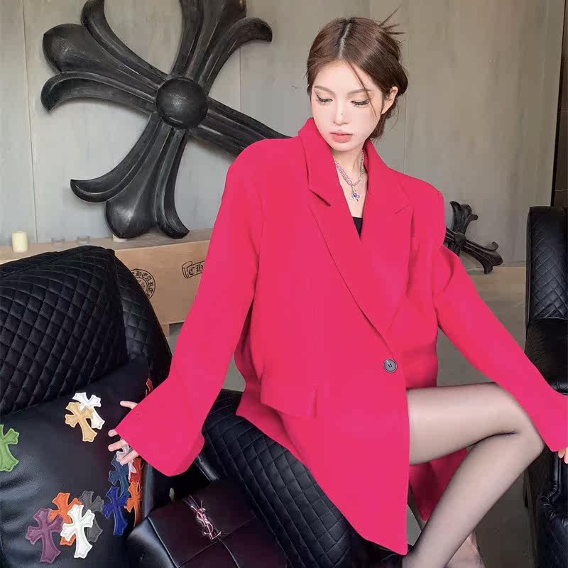 大码火龙果色西装外套女秋冬季胖mm高级感中长款宽松长袖毛呢西服