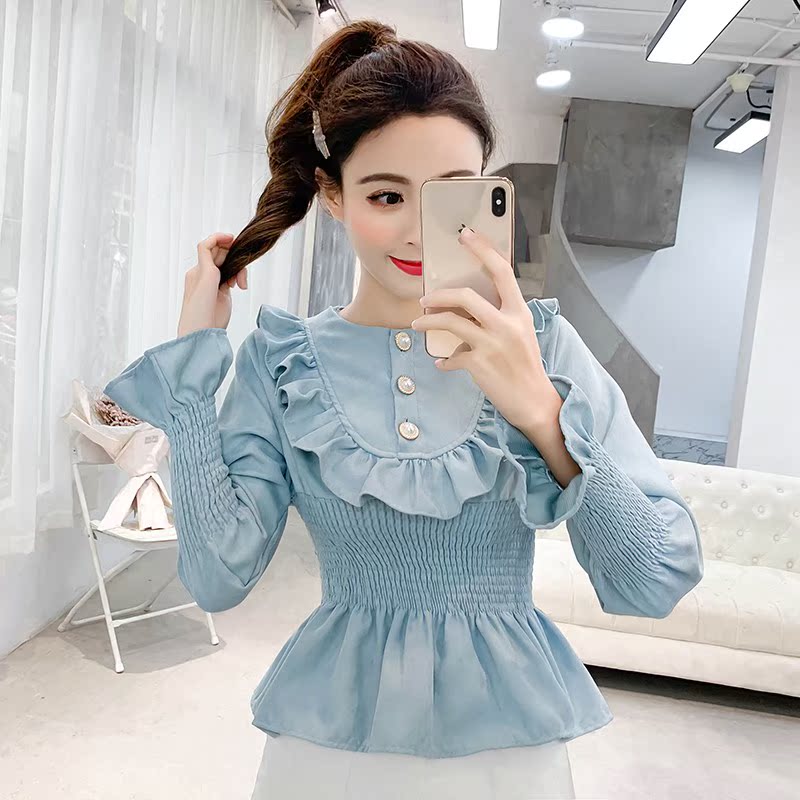 2019 spring clothes Women's wear new pattern Korean Edition Lotus leaf pagoda sleeve Self cultivation Waist Show thin have cash less than that is registered in the accounts shirt jacketin the Women's clothing/Boutique , Shirt category - from Buy2taobao.com to provide professional Taobao agent buy service
