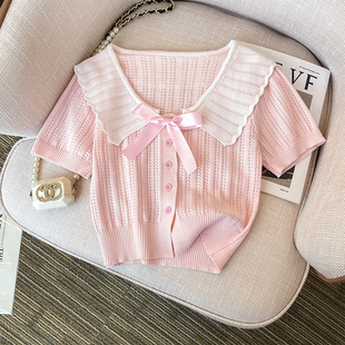粉色小香风娃娃领针织衫短袖2024夏季新款小个子复古法式短款上衣