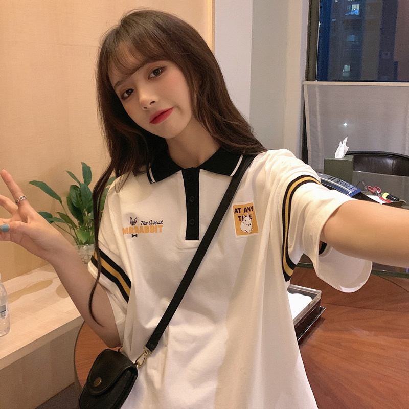 港味polo衫短袖t恤女宽松韩版ins潮网红超火学生百塔原宿风上衣服