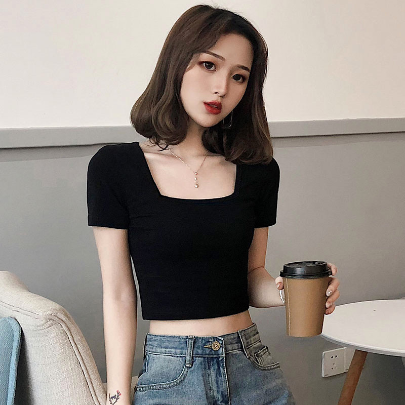 2021年新款黑色短袖t恤女夏方领紧身超短款高腰设计感露脐装上衣