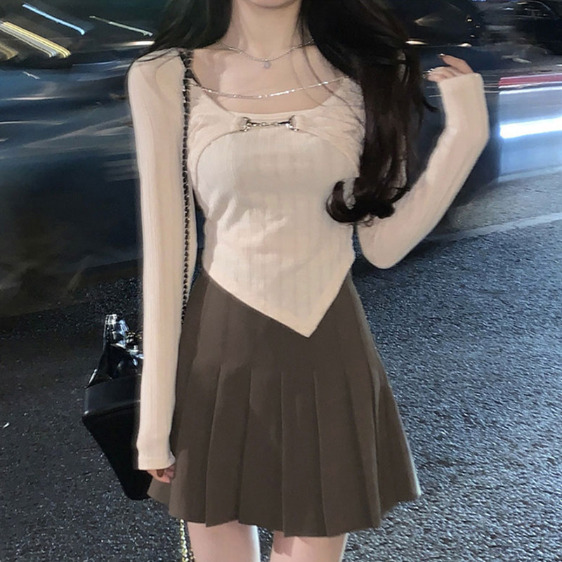 设计感假两件t恤女春秋内搭打底衫小众短款紧身纯欲风长袖上衣ins