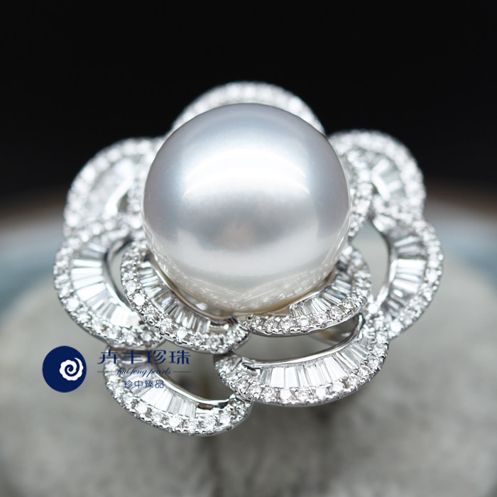 卉丰珍珠16mm强光澳洲白色南洋珍珠戒指 天然海水戒指18k金镶钻