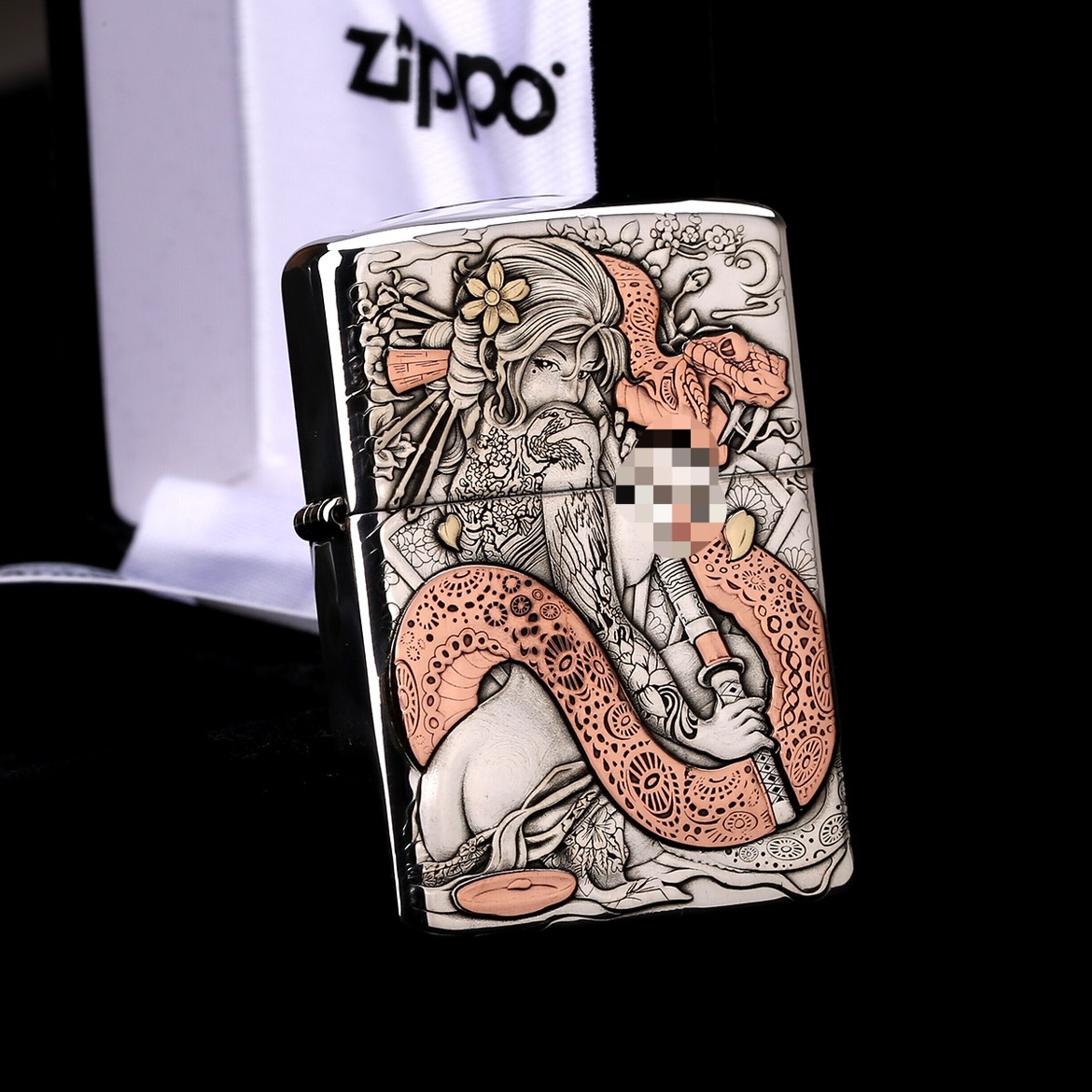 zippo打火机鬼王纯银盔甲艺妓背面九尾