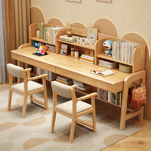实木双人儿童学习桌家用书架一体写字桌卧室简易可升降办公电脑桌
