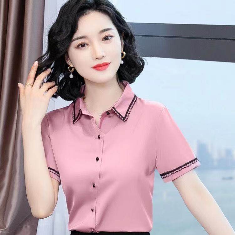 雪纺衬衫短袖女装夏装2021新品女士时尚职业衬衣洋气蕾丝撞色上衣
