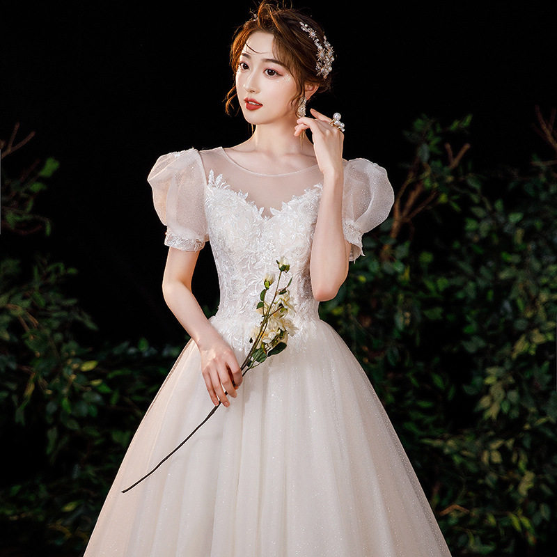 轻婚纱礼服2021新款法式新娘小个子结婚女泡泡袖拖尾孕妇出门主纱