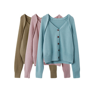 【】克莱因蓝设计感纽扣毛衣女装外套秋季假两件针织开衫9490