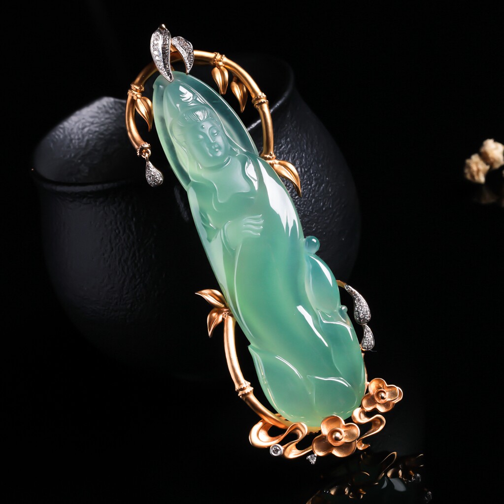 【源头好货-四会 】18k白金豪华伴钻镶嵌晴水自在观音吊坠25.78g