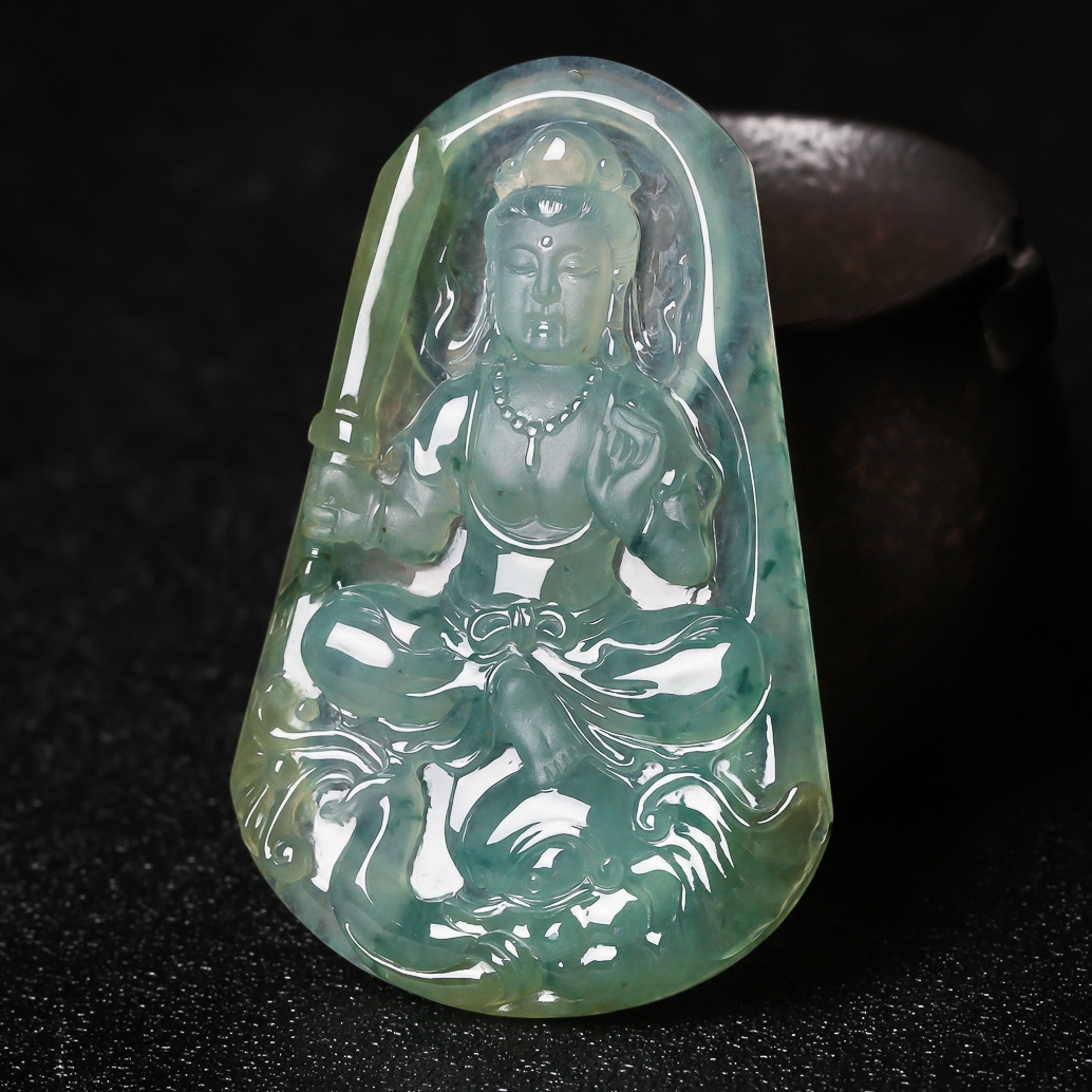【源头好货-四会】天然翡翠a货拍卖三彩飘花普贤菩萨吊坠48.31g