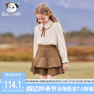 女童学院风衬衫2024春季新款洋气儿童娃娃领长袖衬衣大童米色上衣