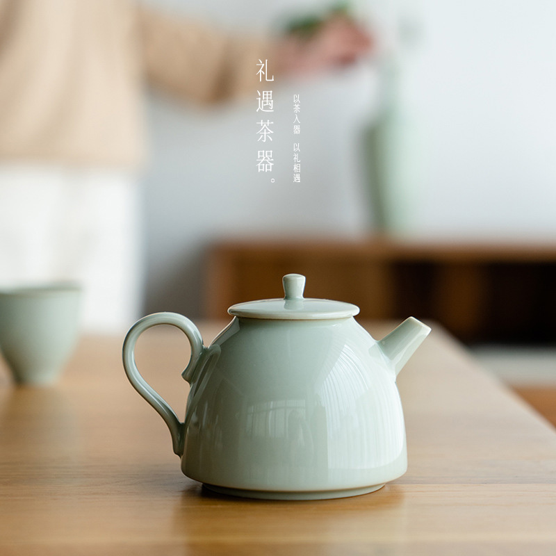 宋青小墩壶鸭蛋青釉陶瓷茶壶日式简约单壶纯手工手抓壶泡茶壶茶具