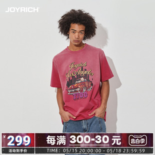 JOYRICH官方美式街头复古印花渐变水洗短袖T恤24春夏新款男女同款