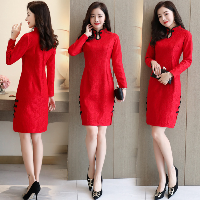 裙子连衣裙女成人_过年衣服红色喜庆成人拜年服女装冬大人中国风本