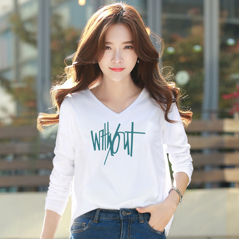 白色长袖t恤女v领韩版宽松2018新款秋冬打底衫体恤上衣女棉质外穿