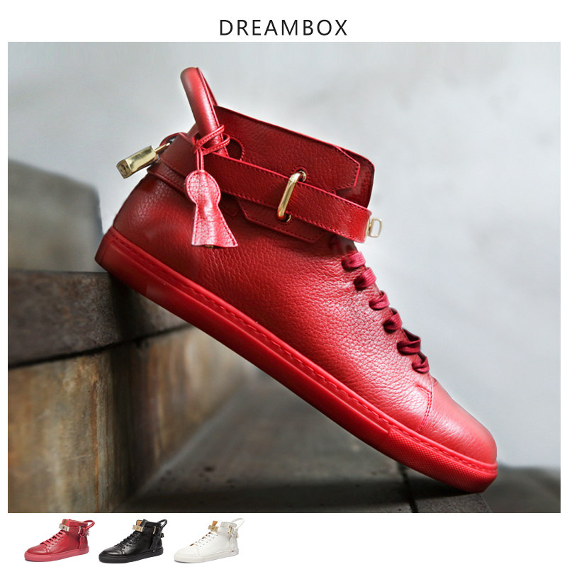 dreambox潮牌男鞋运动真皮百搭金属锁头高帮休闲红色板鞋潮鞋子男