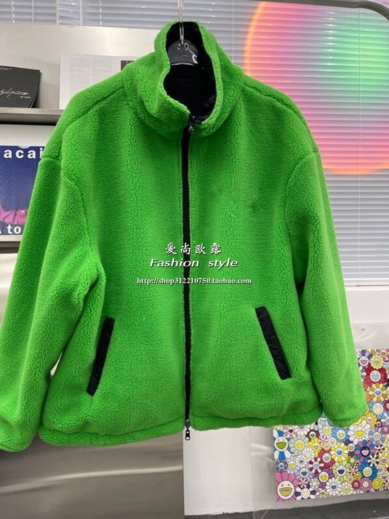 (今日10折)bv绿色字母两面穿毛绒外套2021年秋季新款绒面拉链撞色夹克
