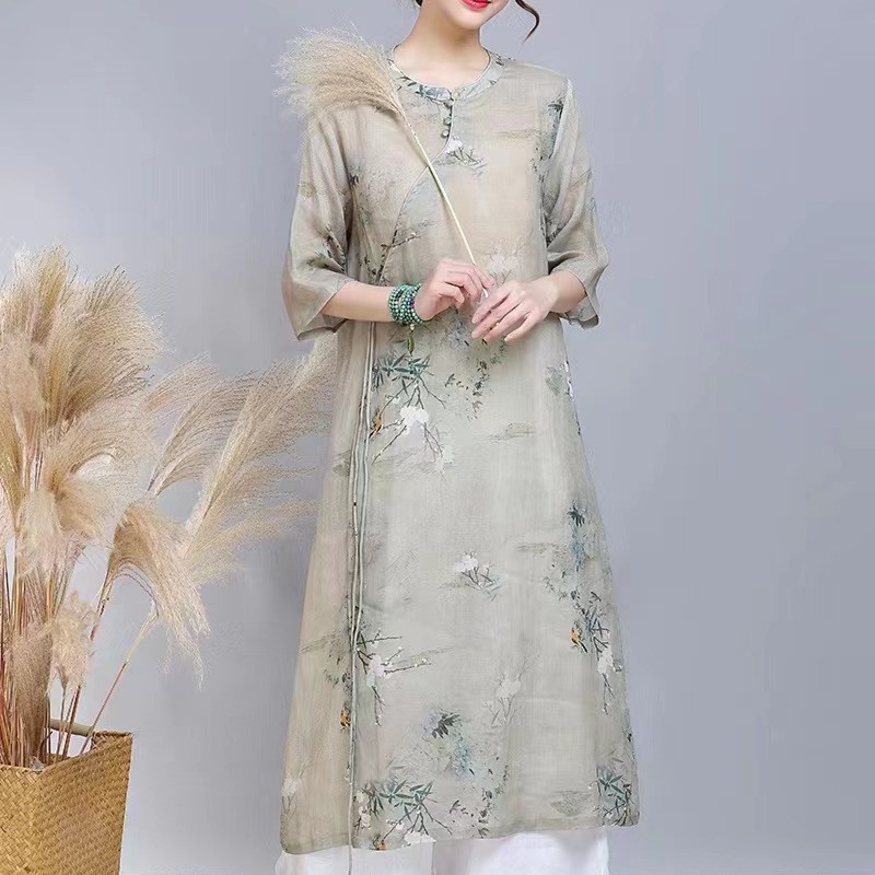 【只此青绿】2023夏季新款改良式旗袍复古印花中式苎麻短袖连衣裙