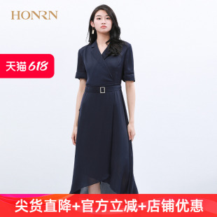 HONRN/红人藏蓝色气质裙子西装领修身显瘦短袖收腰a字连衣裙女夏