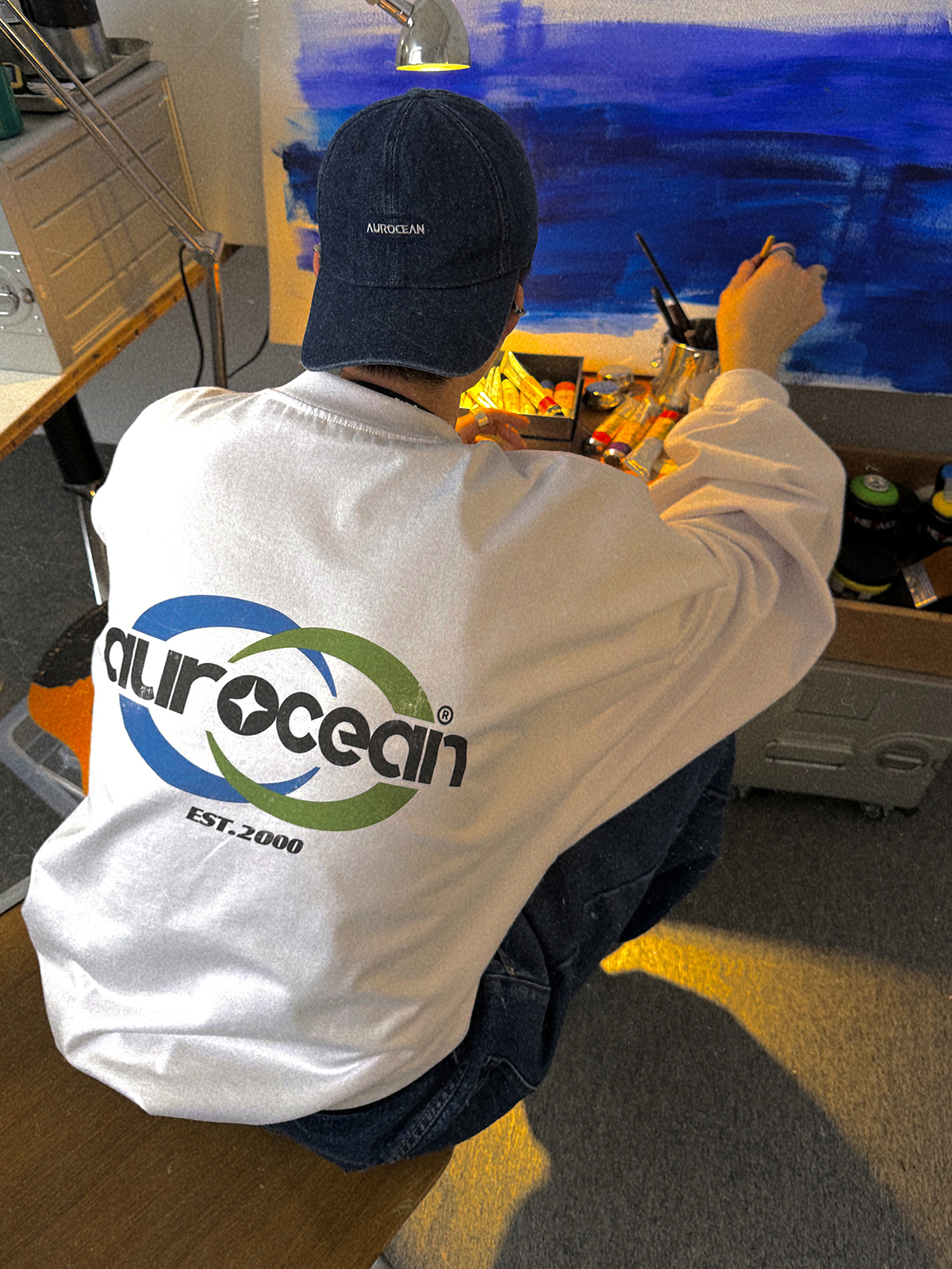 Aurocean 白色长袖T恤 320克重磅全棉千禧复古数码印磨损做旧打底