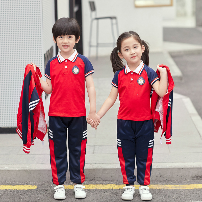 小学生校服春秋装三件套班服短袖长裤红色运动服装蓝色幼儿园园服