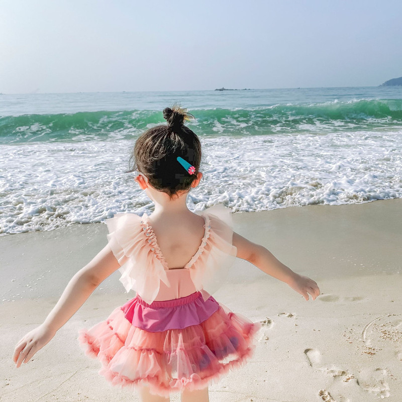 儿童泳衣网纱珍珠裙式女童连体泳装小宝宝可爱公主沙滩温泉游泳衣