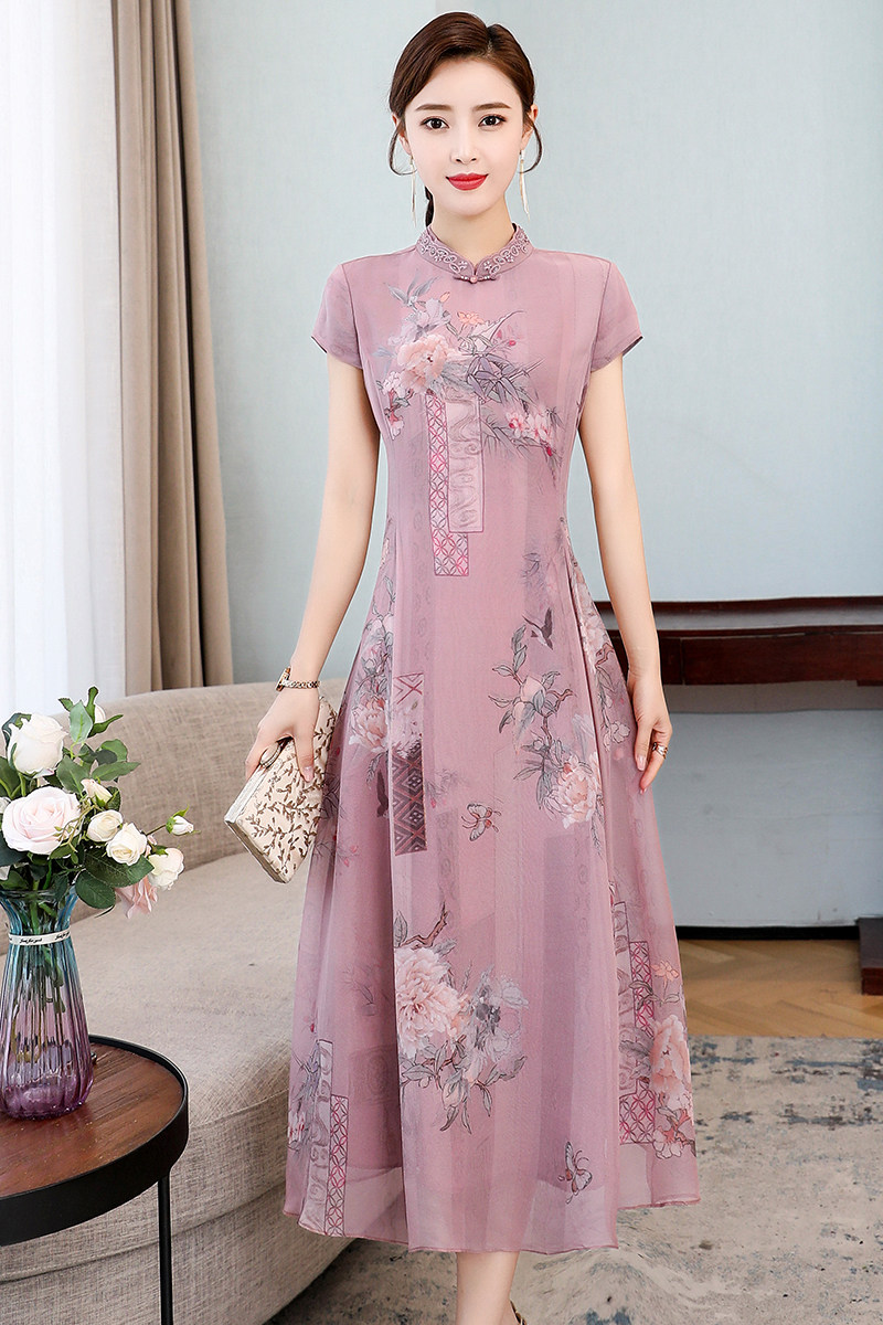 杭州新款真丝连衣裙高端桑蚕丝旗袍2021复古春夏短袖年轻款印花女