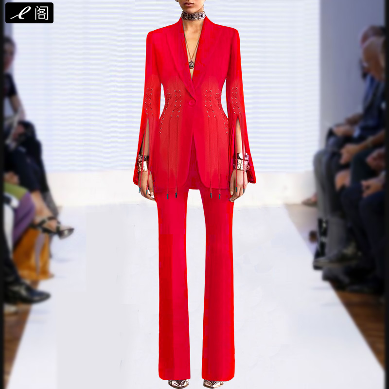 e阁红色西装套装女御姐时尚新款职业御姐女神范高级感气质两件套