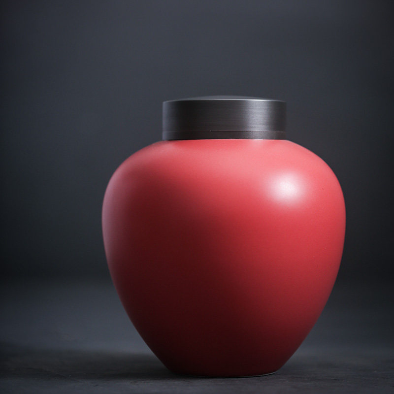 鸿庐 双层锡盖密封茶叶罐 红色密封罐 景德镇陶瓷存茶罐子 大茶仓