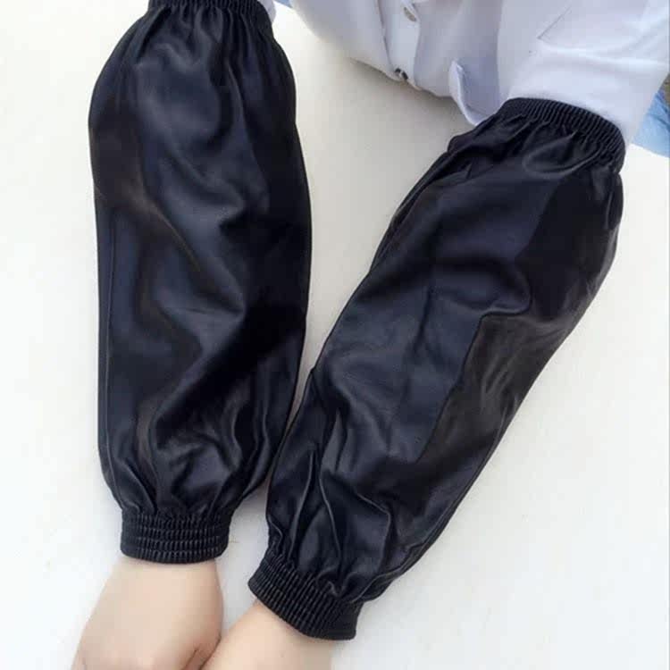 男女袖套黑色透气皮质加厚护手臂套秋冬防污长款耐磨工作防水家用_不