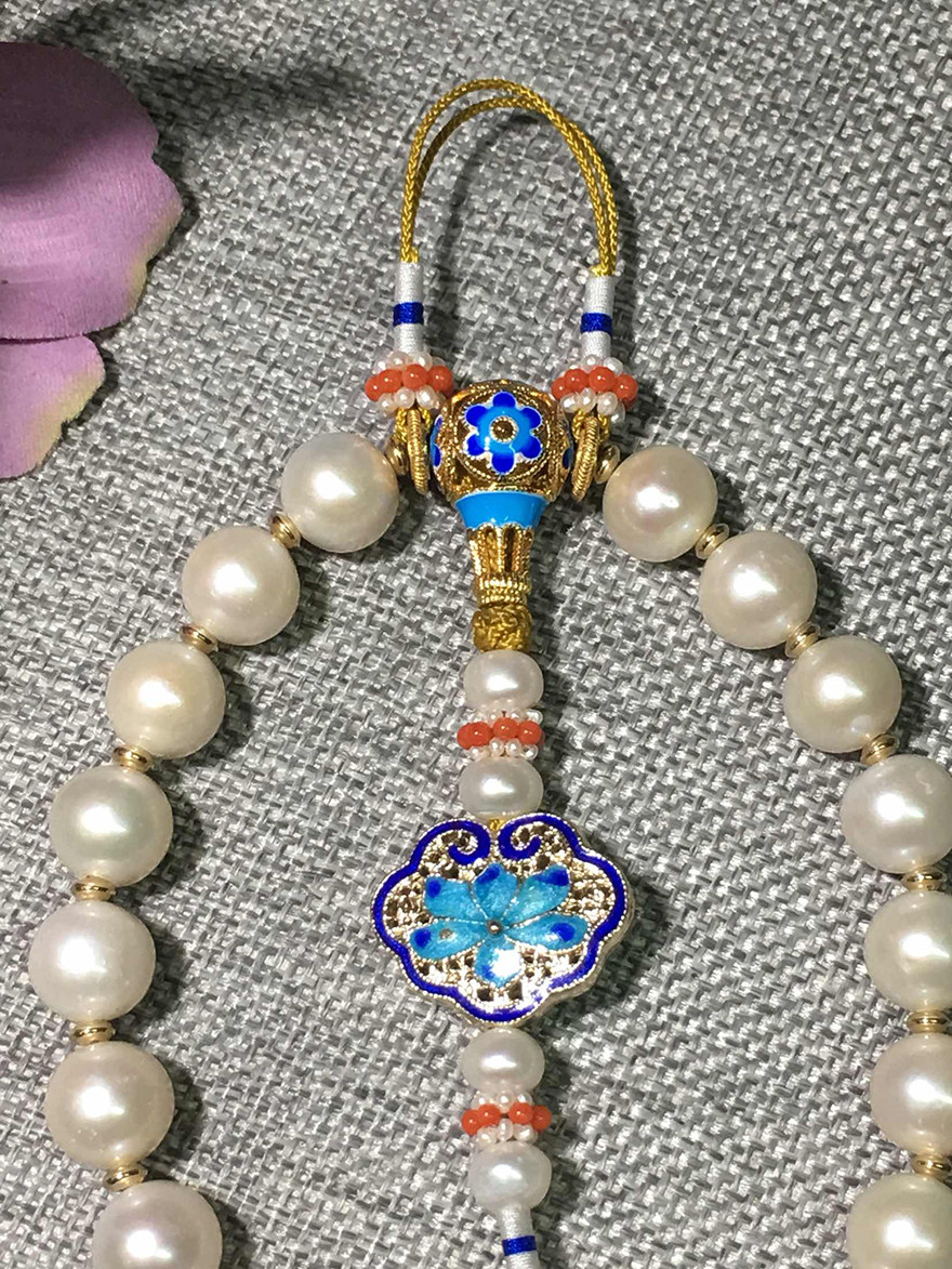 天然珍珠宫廷十八子压襟 配银镀金烧蓝配饰珠花 挂饰aa07131