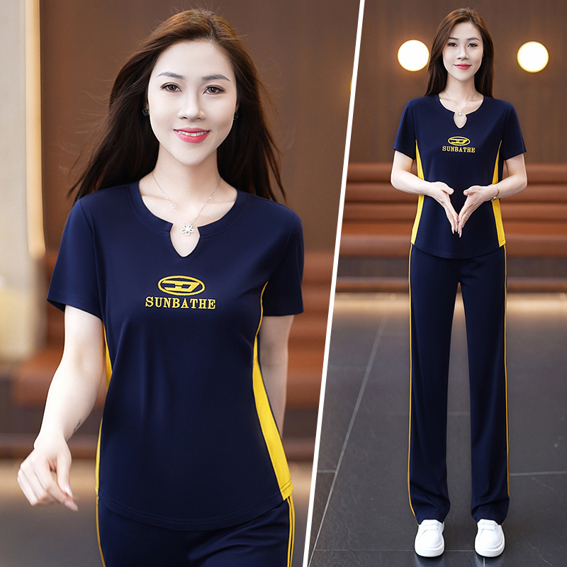 品牌运动服套装女夏季2024新款修身休闲服妈妈显瘦圆领短袖两件套