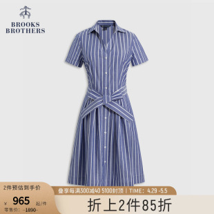 Brooks Brothers/布克兄弟女士时尚竖条纹短袖收腰衬衫连衣裙