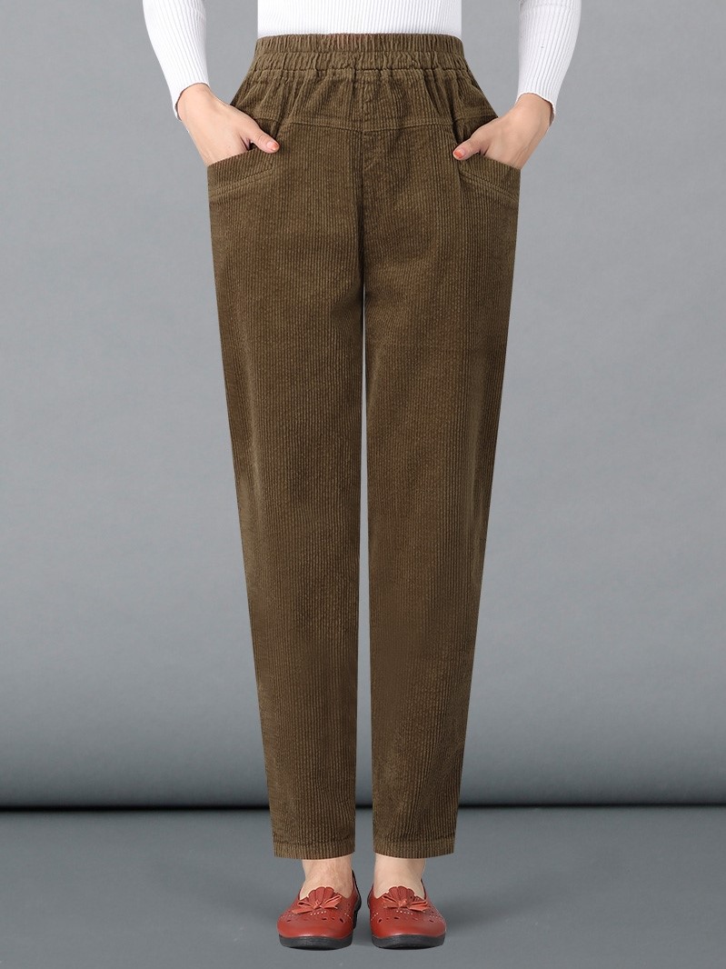 南极人妈妈灯芯绒裤子秋冬款中老女裤中羊羔加绒加厚条绒哈伦萝卜