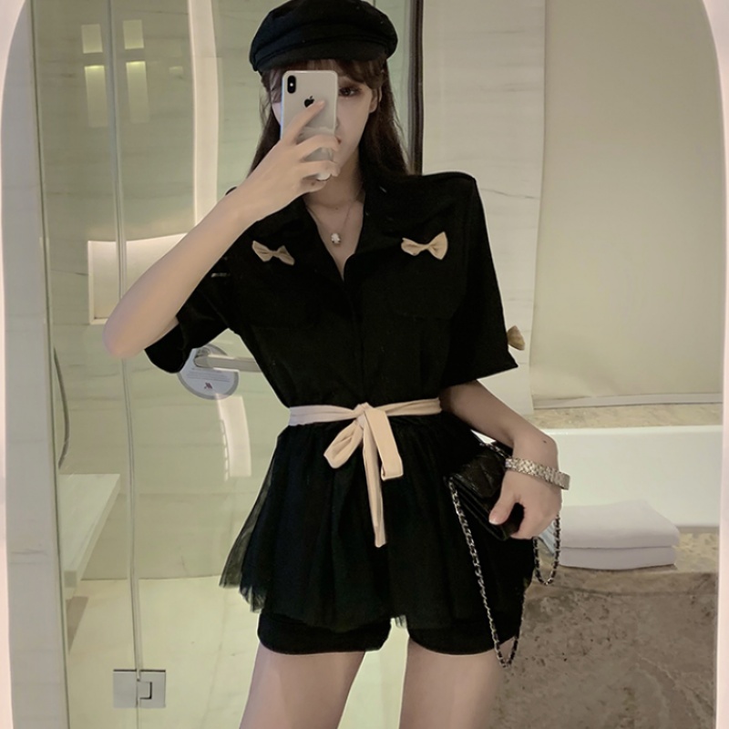 网纱拼接洋气衬衫女短袖显瘦上衣夏季2019新款韩版修身收腰衬衣潮|msdalam kategori Butik wanita / wanita, shirt - dari Buy2taobao.com untuk memberikan perkhidmatan ejen Taobao profesional membeli