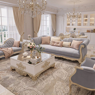 购买法式宫廷实木沙发轻奢公主风复古雕花客厅简欧丝绒布艺三人位组合