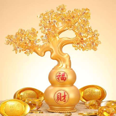 天然黄水晶发财树聚财纳福摆件大号招财风水葫芦工艺品家居客厅酒